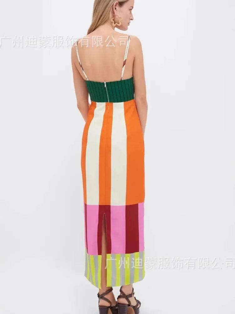 Elegant High Waist 2025 Party Long Dress Fashion Casual New Striped Colorful Women Sexy Spaghetti Strap Bohemian Mixi Dresses