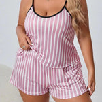 Plus Size Striped Women Pajama Set Sleeveless O Neck Top & Elastic Waist Shorts Heart Print 2 Pieces Female Sleepwear Nightwear