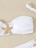 New White 3 Pieces Starfish Bandeau Bikini Set Swimsuit Women Swimwear with Sarong Skirts Dress Beach Wear Cut Out Bathing Suit