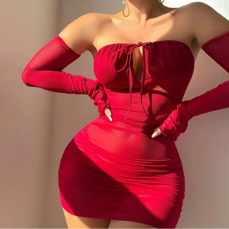 Sexy Beauty Transparent Bra Lace-Up Tight Dress With Gloves Lingerie Sets Women Off-the-shoulder Sexy Underwear Pajamas