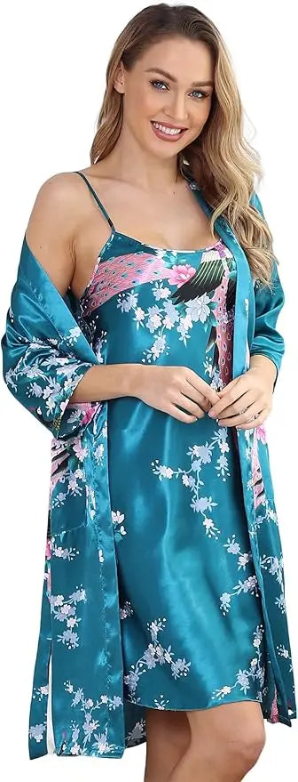 Women's Floral Satin Kimono Robe and Nightgown Set with Camisole 2 Piece Sleepwear Peacock Bathrobe