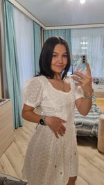 White lace embriodery summer beach dress women elegant hollow out lace up short dress off shoulder puff sleeve sheer dress 2025