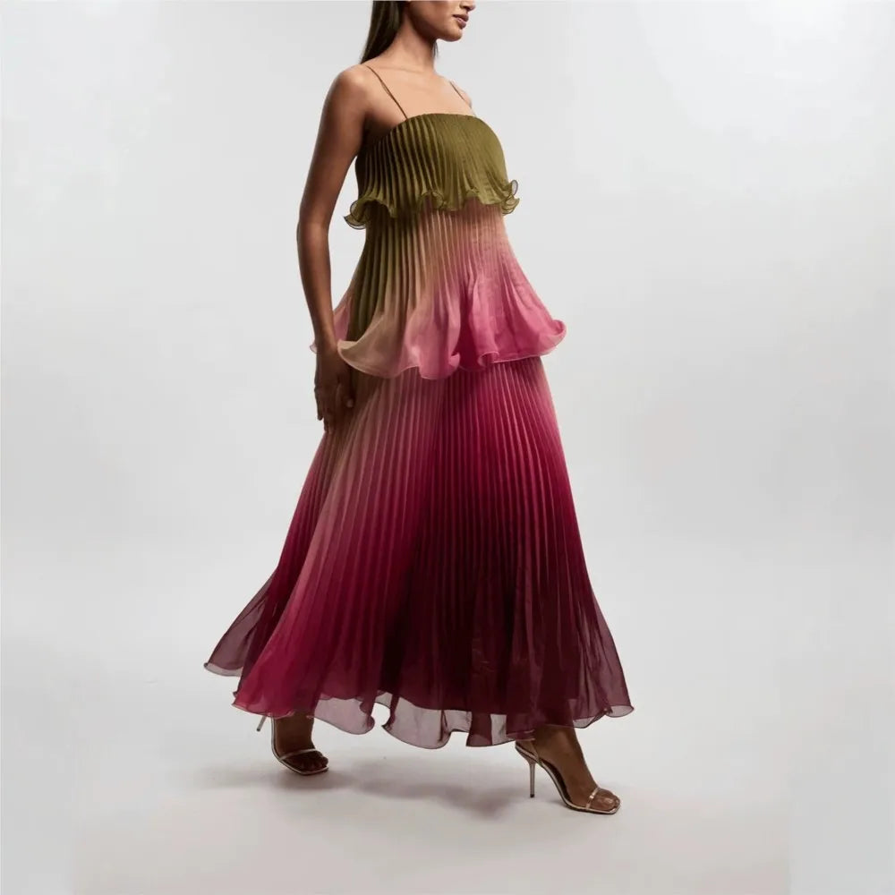 MsChuh Vestidos 2026 Woman Dress Vestido Dresses Spaghetti Strap Temperament Playful Gradient Ruffles Sleeveless Pleated Holiday