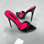 Patchwork Stiletto Heel Slippers Newest Pointed Open Toe One Strap Thin Heel Slip-on Sandals Sexy Big Size Dress Heels 12cm