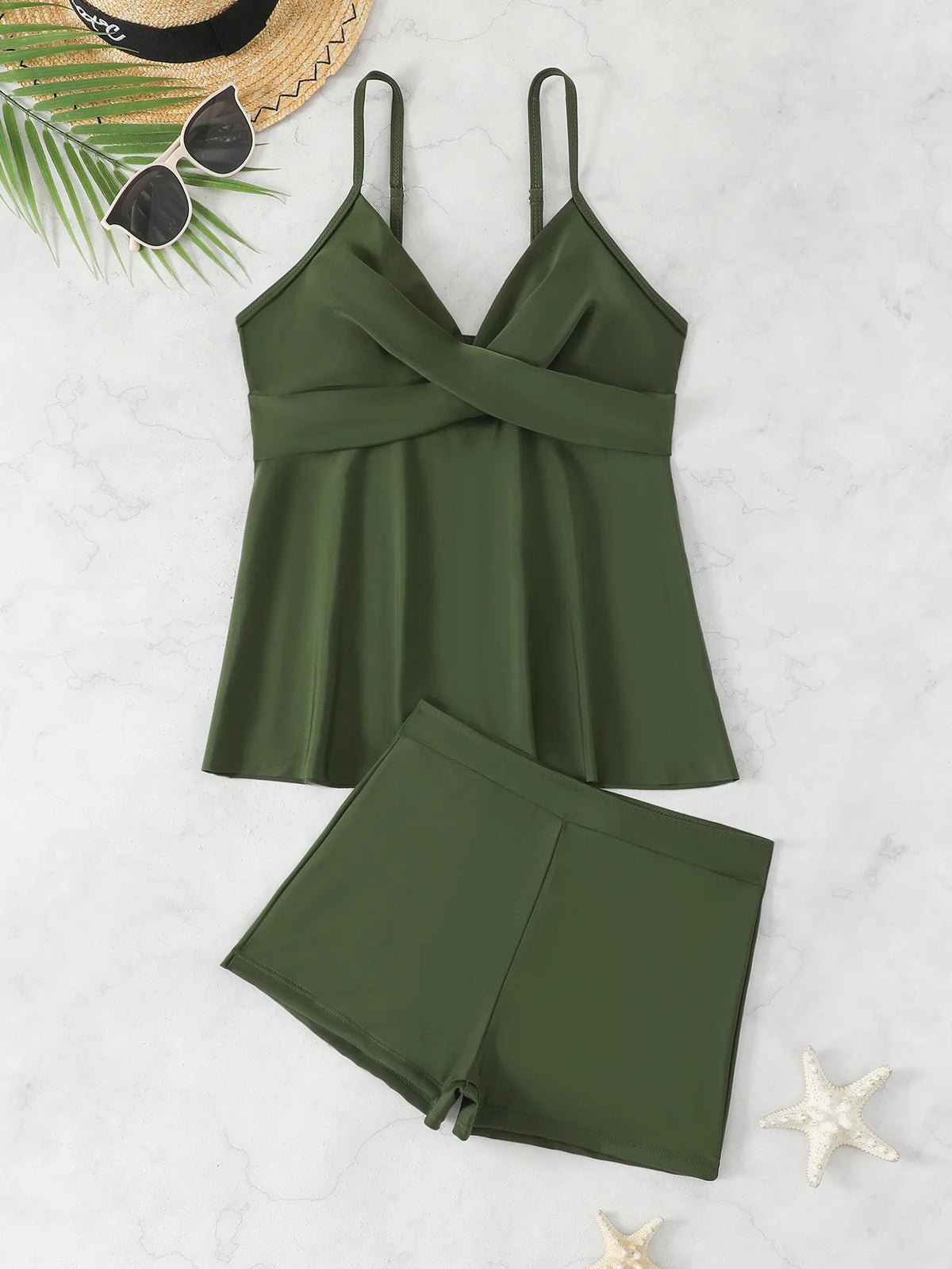 Summer Two Pieces Swimsuit Woman High Waisted Swimwear Female Tankini Sets Beach Wear Bathing Suit Sports Swimming Suit Shorts
