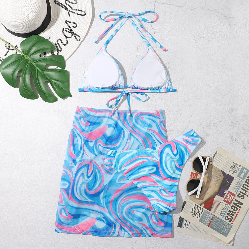 3 Pieces Bikini Set With SkirtTie Dye String Thong Bathing Suit Women Swimsuit FemaleSwimwear Beach Wear Swim Lady Summer