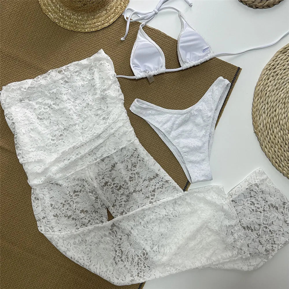 Sexy White Lace Halter String Triangle Bikinis Sets 3 Pieces Trousers Swimsuit Woman 2026 Holiday Swimwear Micro Bikini Thong