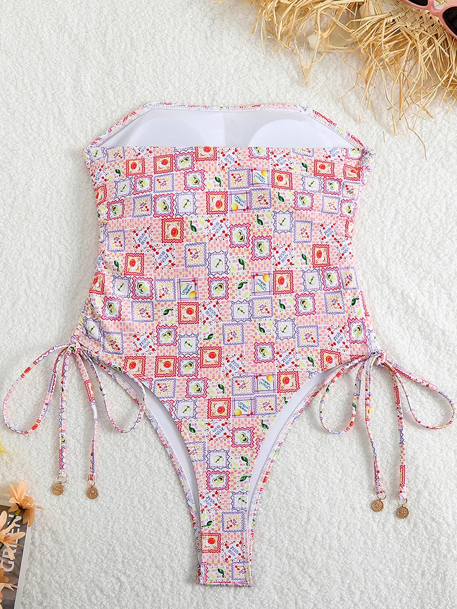 2026 Sexy Drawstring High Cut Swimsuit One Piece Printed Swimwear Women Bathers Bathing Swimming Swim Suit Female Beachwear