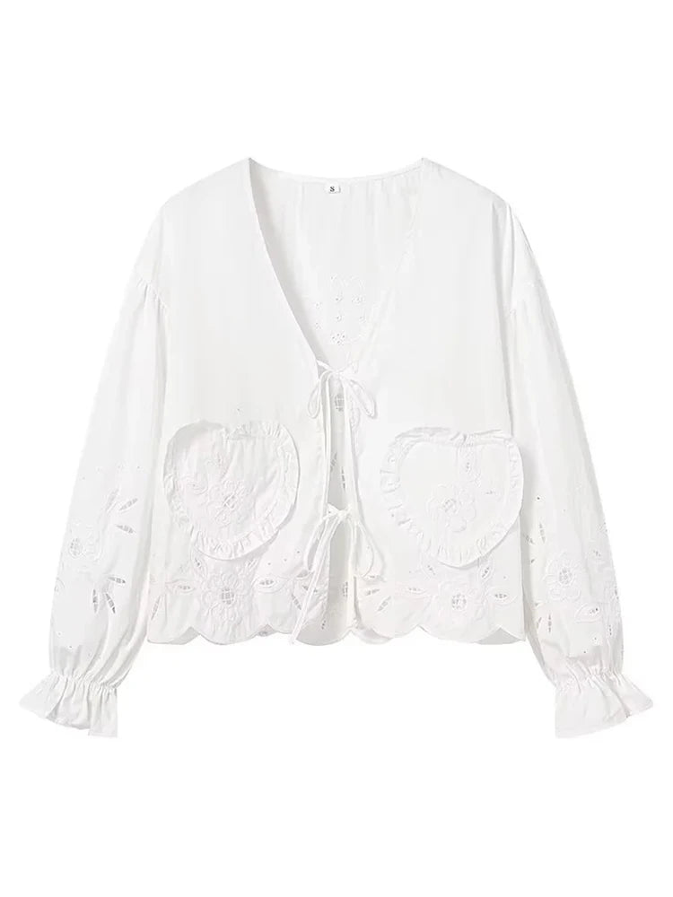 Foridol Heart Embroidery White Cotton Women Blouse Bowknot Spring Summer Lantern Sleeve Casual Shirt V Neck Loose Chic Blusa