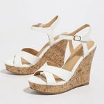 Vintage Grain Summer Ankle-strap Wedges Sandals Women Retro White High Heels Sandals Platform Sandals Comfy Walking Dress Shoes