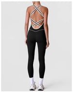 High Stretch Body Shaping Yoga Jumpsuit Women Black Patchwork Hollow Out Back Cross Fitness Sports One Piece Workout Bodysuits