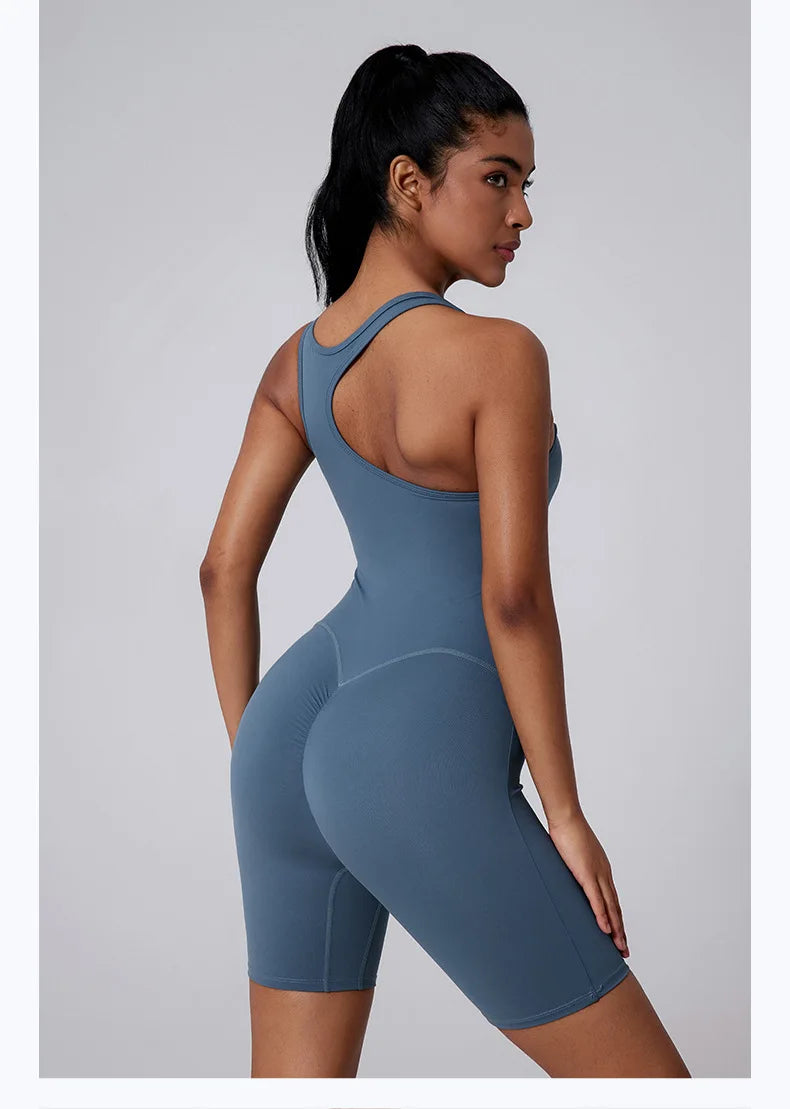 Sexy Fitness Yoga Jumpsuit Women Sleeveless Slim Playsuit Pleated Hollow Running Scrunch Shorts Romper One Piece Sports Suit