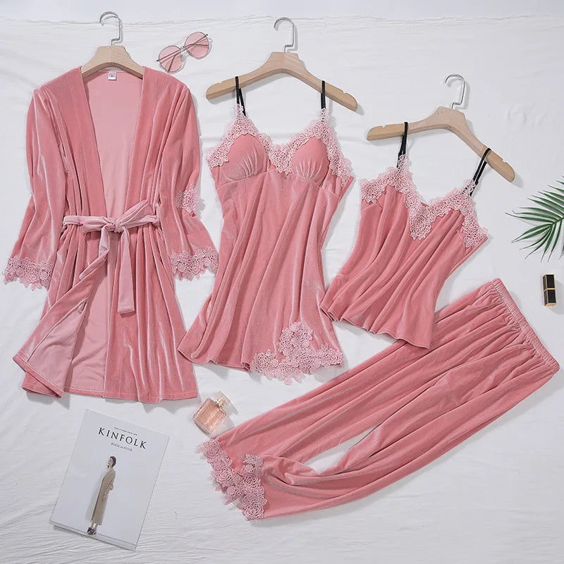 2025 New Gold Velvet Lace Sleepwear Women's Long Sleeve Home Clothes Set with Chest Pad Strap Four Piece Suite Winter Season