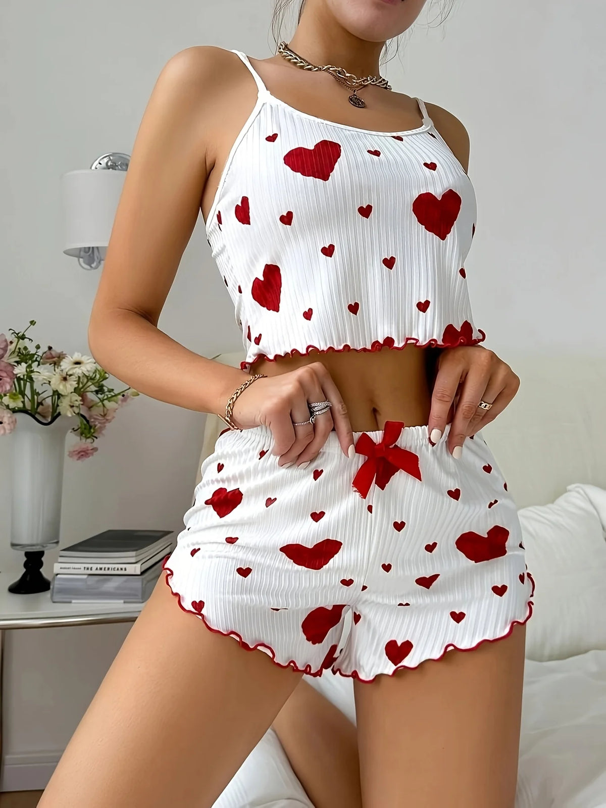 Sweet Heart Print Pajama Set for Women Cute Sleeveless Cami Top and Ruffle Shorts Soft Ribbed Knit Loungewear Adorable Pjs