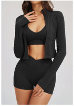 New 3 Pieces Yoga Set Women Workout Sportswear Gym Clothing Fitness Long Sleeve Crop Top Shorts Leggings Female Sport Bra Suits