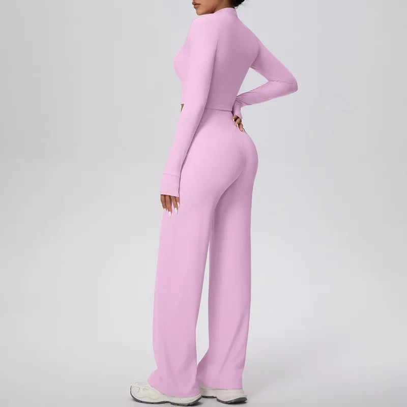 2 Pcs Women's Seamless Yoga Set Long-sleeved Wide-leg Pants Tracksuit Fitness Sports Set High-waisted Hip-lifting Slim-fit Suit