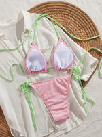 Sexy 3D Floral Bikini Set 2025 Women White Pink Contrast Push Up Bra Tie Side Thong Swimsuit Beach Bathing Suit Micro Swimwear