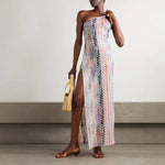 Summer Wavy Stripes Slim Long Dresses Women Sexy Backless Slant Collar Sleeveless Dress Fashion Beach Vacation Style Vestidos