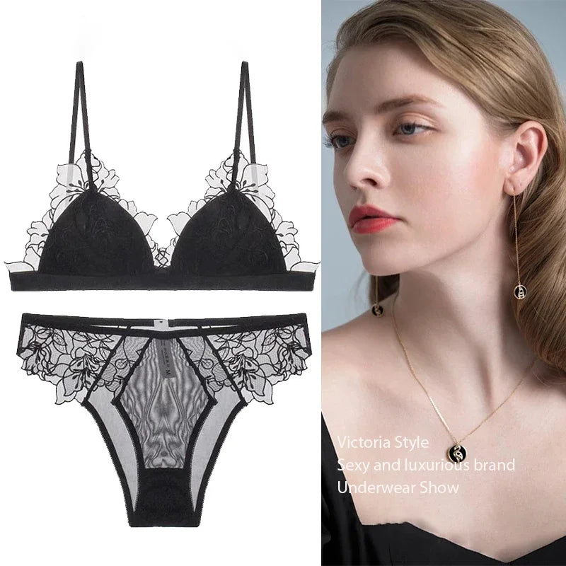 MOYISU Pure Desire Victoria French Lace Embroidered Lingerie Women's Thin Cup Triangle Cup Bra Set Comfortable No Underwire