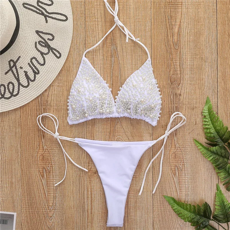 S - XL Halter Luxury Pearls Bikini Women Swimsuit Female Swimwear Two-pieces Bikini Set Mini Micro Bather Bathing Suit Swim Lady
