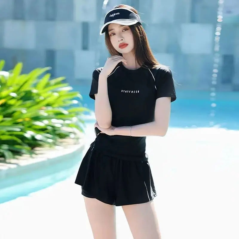 Sports Swimsuit, Swimsuit, Women's New Plus Size Two-piece Set, Short Sleeved, Student Hot Spring Conservative Swimsuit