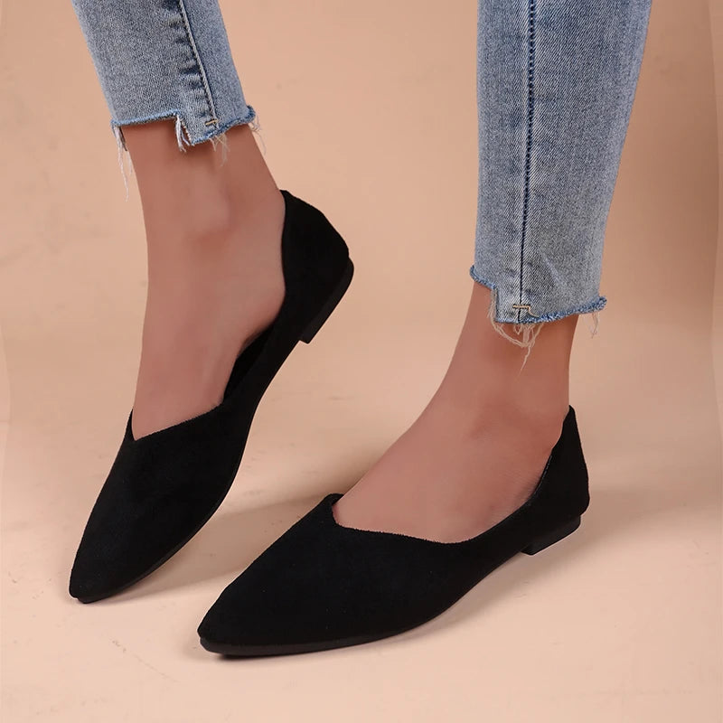 Women Suede Pointed Toe Flat Shoes V‑Cut Slip On Soft Sole Large Size Multi‑Color Casual Comfort Dress Daily Office Ballet Flats