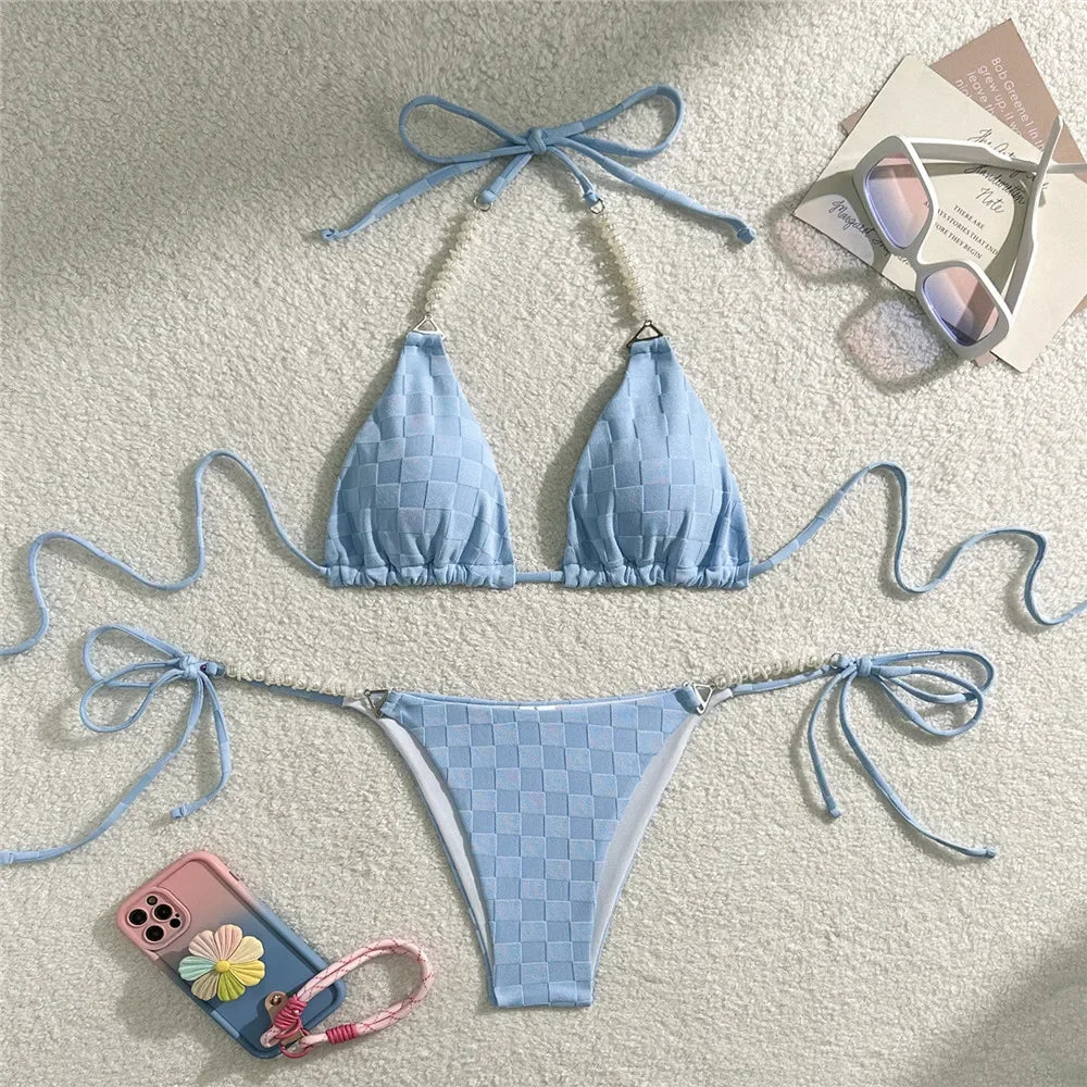 Light Purple Swimwear Pearl String Halter Micro Bikini Thong 2026 Sexy Swimsuit Women Bathing Suit Triangle Bikinis Sets Mujer