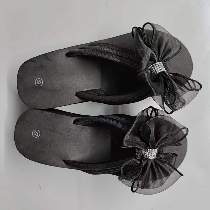 Black Mesh Bowknot Wedges Slippers Women Plus Size 36-43 Outdoor Platform Flip Flops Woman Summer Lightweight Clip Toe Sandals