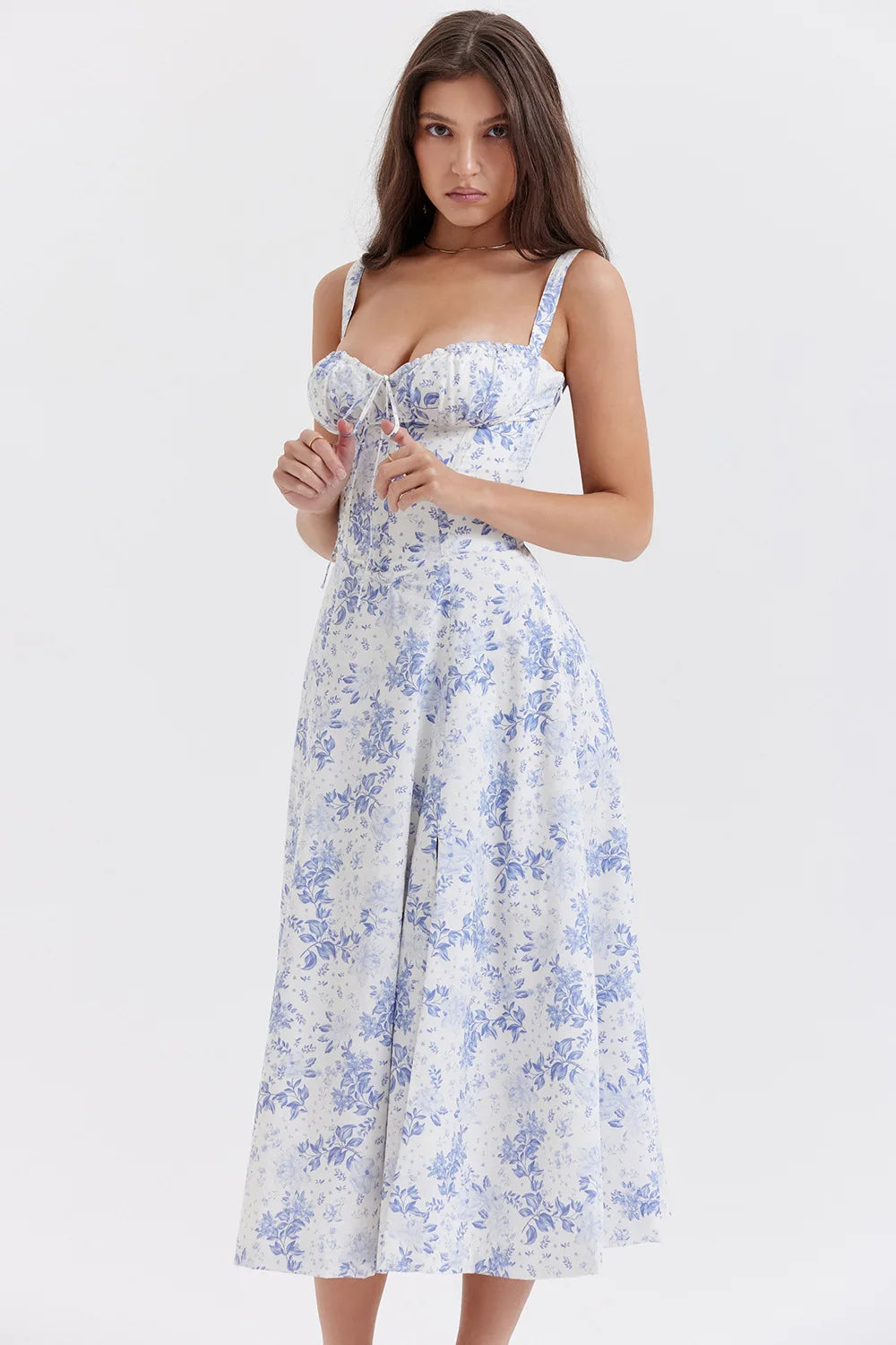 Sexy Low Cut Spaghetti Strap Maxi Dresses For Women Color Flower Printed Chest Wrap Bowknot Leace-up Long Dress Elegant Vestidos