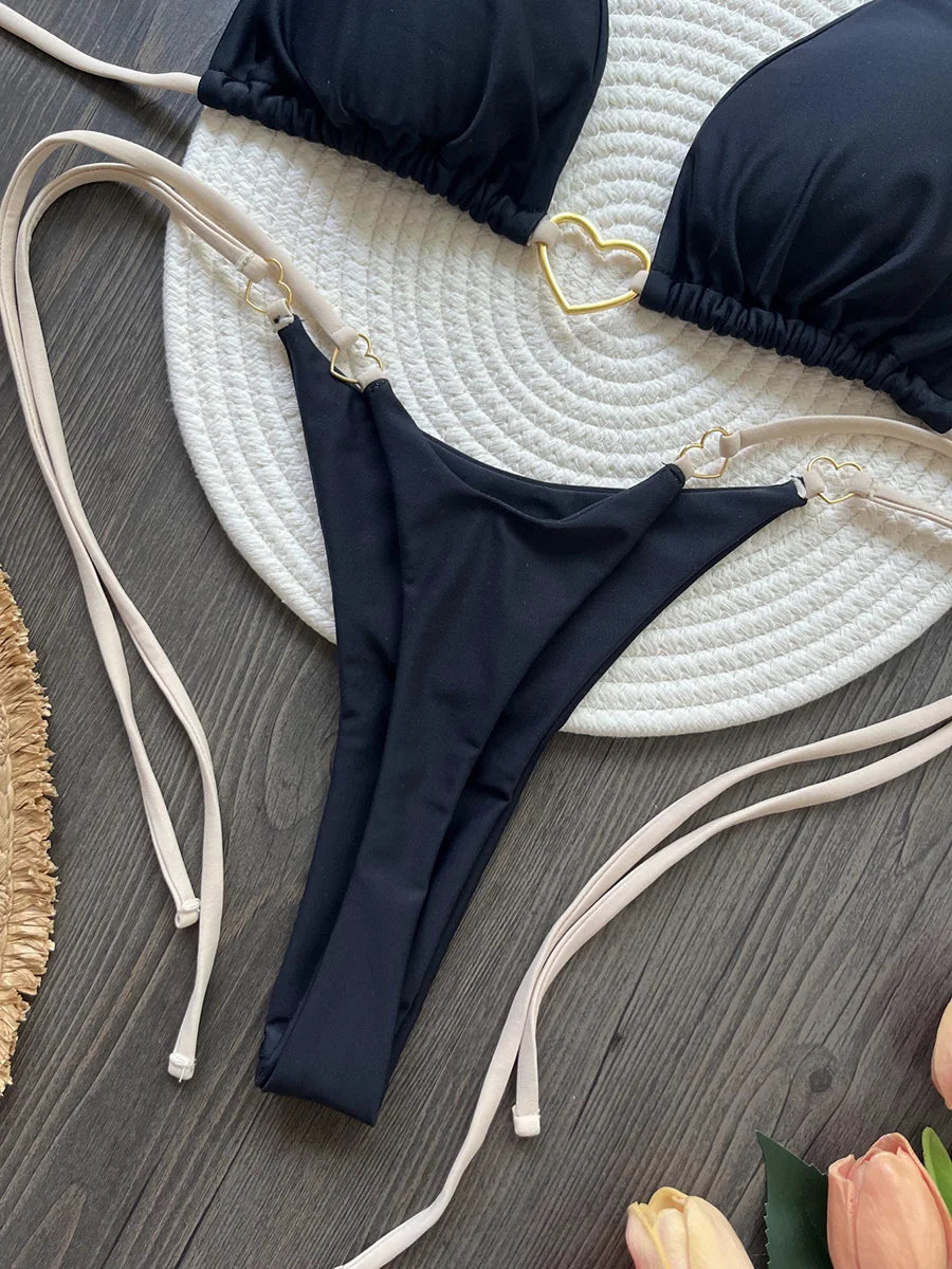 Metal Heart-shaped Halter Brazilian Bikini Female Swimsuit Women Thong Swimwear Two-pieces Bikini Set Bather Bathing Suit Swim