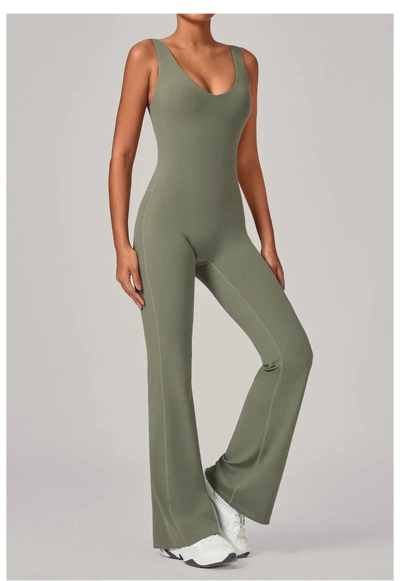 Women's Seamless Yoga Jumpsuits Sports Fitness Sleeveless Hip-lifting Flared One-piece Workout Gym Training Slim Fit Bodysuits