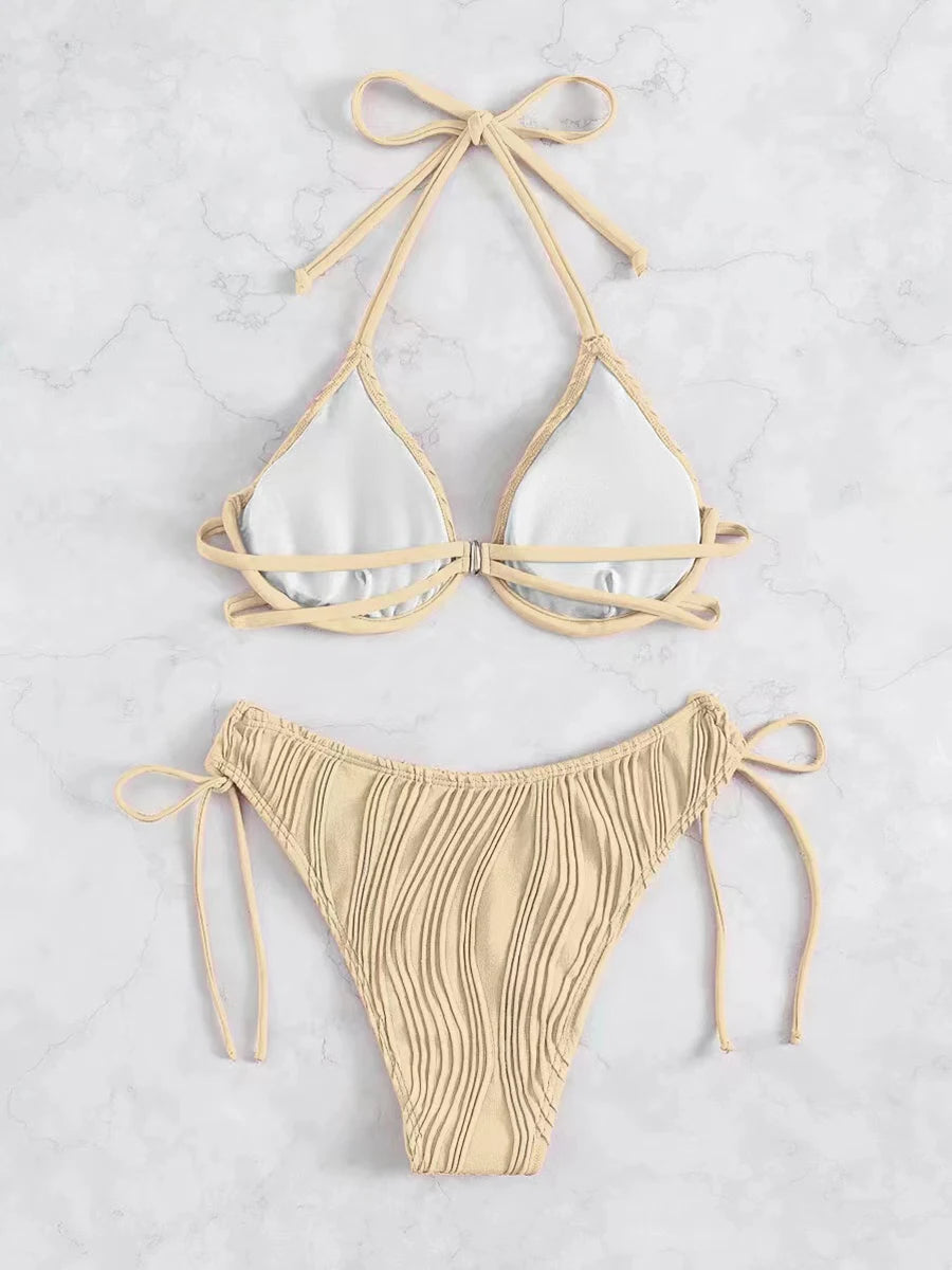 2026 Halter String Bikini Solid Push Up Swimsuit Women Sexy Swimwear Female Bathers Bathing Swimming Swim Suit Beachwear