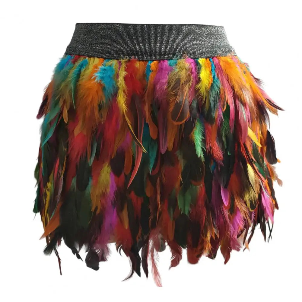 Womens Faux Feather Mini Skirt Elastic Mid Waist A-line Skirt Ladies Mardi Gras Outfit Festivals Carnival Dance Party Supplies