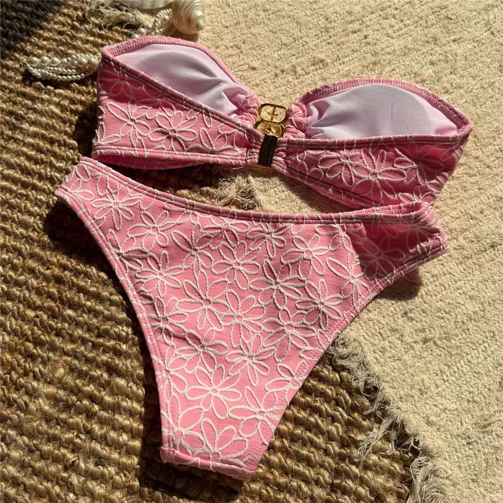 Flower Embroidery Bandeau Bikinis Sets Woman 2026 Metal Buckled Sexy Swimsuit Women High Cut Bathing Swimming Suit Bikini Mujer