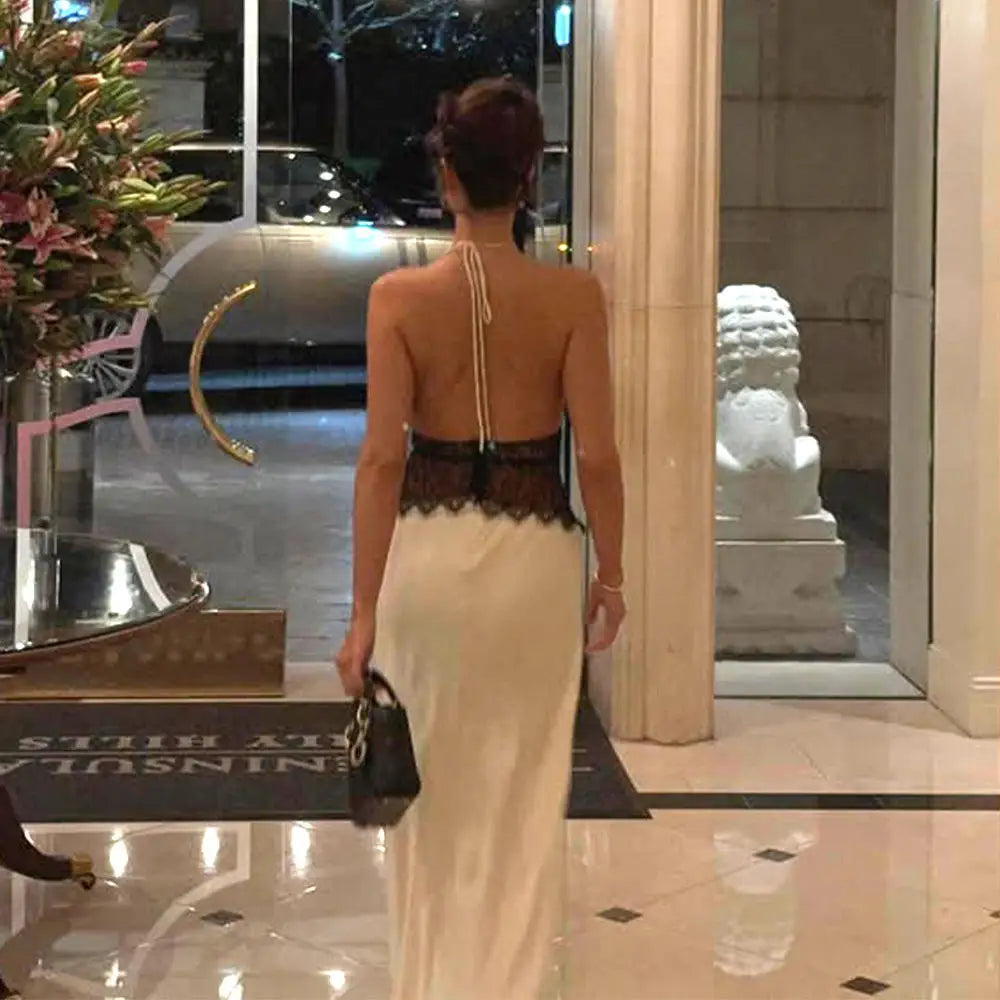 Summer Backless Sexy Long Dresses Women's Gown Patchwork Lace Halter V Neck Sleeveless High Waist Elegant Vestidos Para Mujer