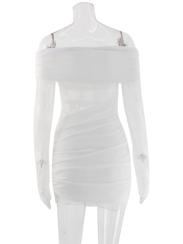 Ahagaga Eelgant Dresses For Women Slash Neck Lace Patchwork Sheath Fashion Slim Fit Trend Party Female Long Sleeves Summer Robes