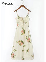 Spaghetti Strap Lace Up Beige Chiffon Summer Dress Sexy Slip Midi Sleeveless Dress Robe Big Flower Print Women Beach Dress Boho