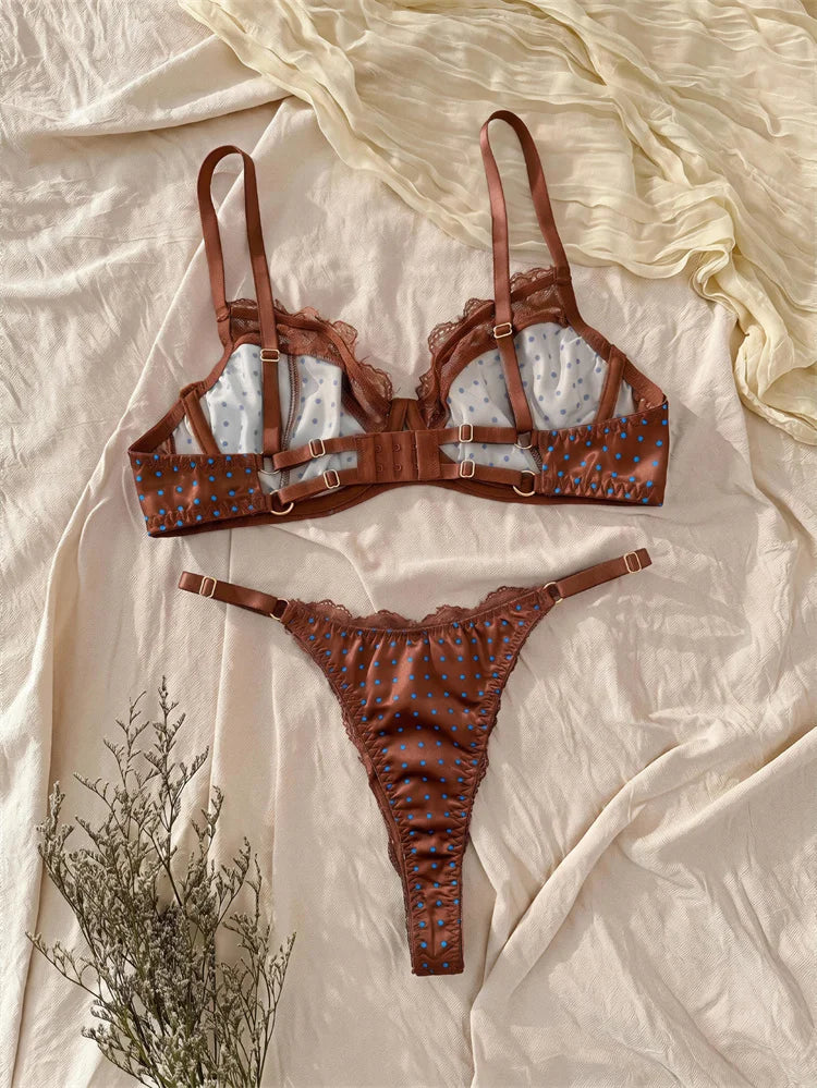 French Retro Brown Satin Lingerie Set Polka Dot Lace Splicing Women's Underwear Luxury Underwire Bra and Panty Set Sexy Intimate