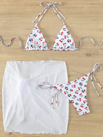 With Mesh Sarong Skirt Cherry Printed Bikini Female Swimsuit Women Swimwear Three Pieces Bikini Set Bathing Suit Swim Beachwear
