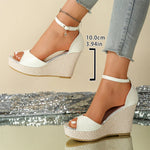 EUR Size 43 Leisure Espadrille Wedge Sandals Women Summer Chunky High Heels Shoes Silver White Platform Ankle Strap Sandals