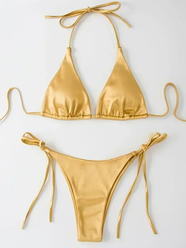 Wrap Around Halter Metallic Satin Bikini Women Swimwear Female Swimsuit Two-pieces Bikini Set Brazilian Bathing Suit Swim Lady