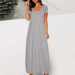 Casual Dresses For Teens Fashion Clothes Women Leisure Solid Color V Neck Short Sleeve Long Dress Casual Loose Sundress 2025