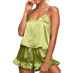 2 Piece Sets Women Nightwear Solid Color Sleeveless Camisole Tops + Ruffle Shorts Sets Summer Pajama Set Loungewear
