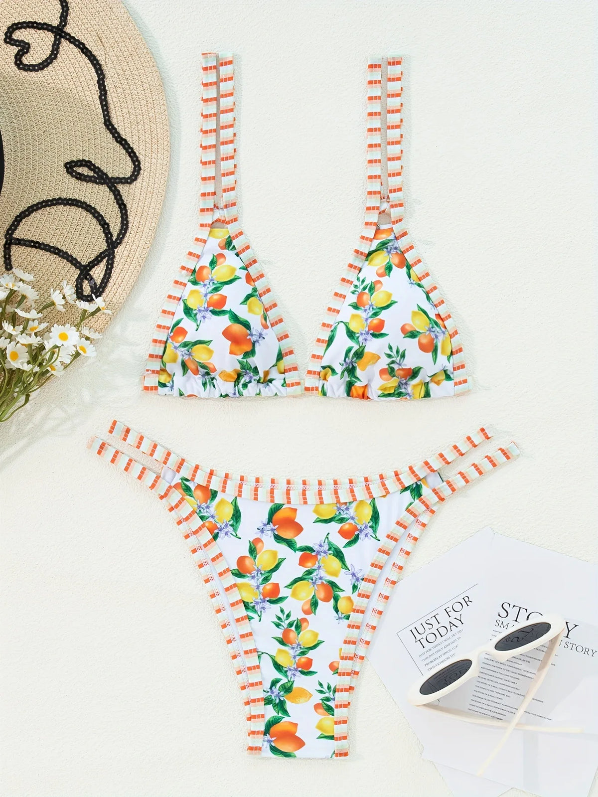 2026 Sexy Orange Print Micro Bikini Women Double Strap Push Up Bra Hollow Out Thong Swimsuit Beach Bathing Suit Holiday Swimwear