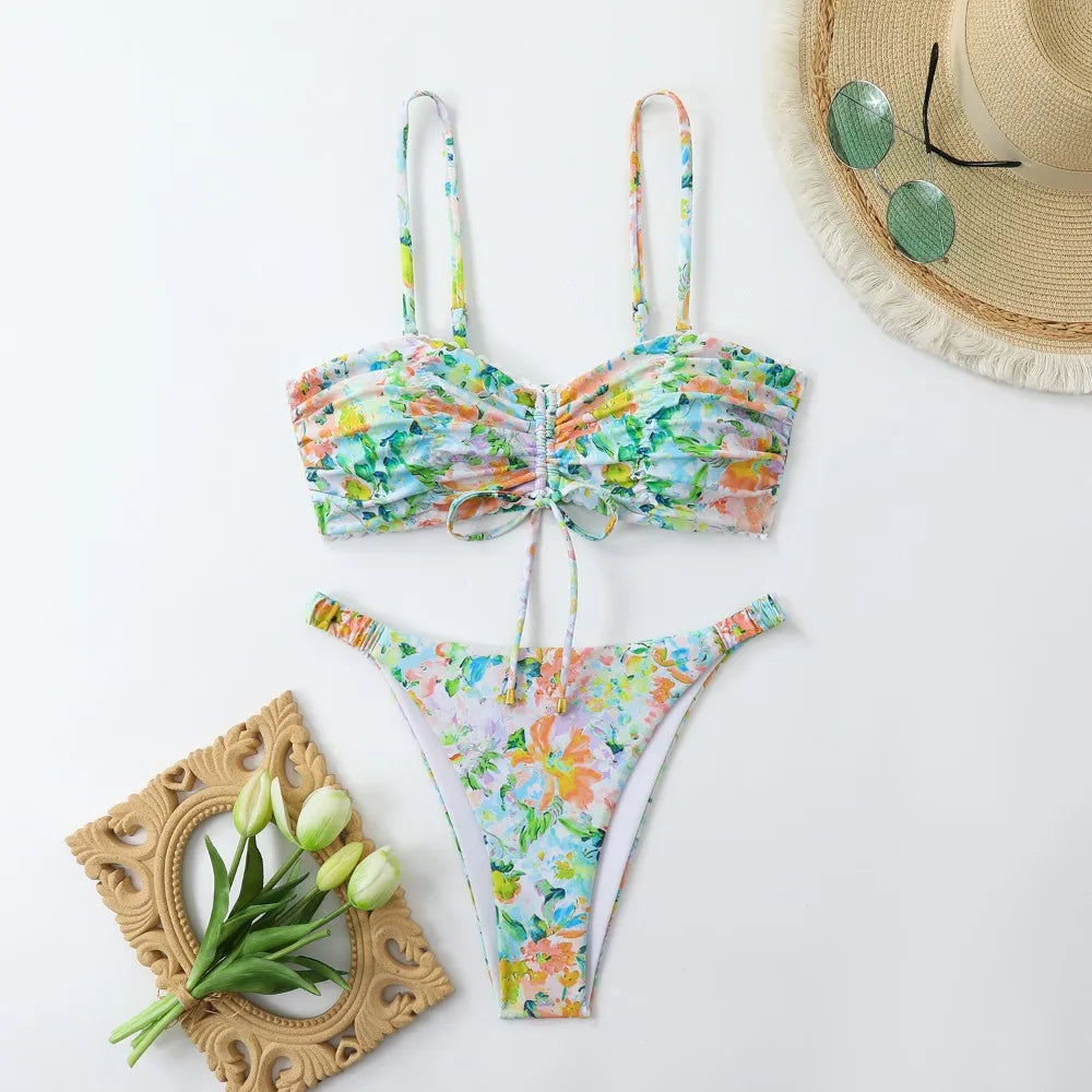 New Sexy Floral Print Bandeau Bikini 2026 Women Swimwear Female Swimsuit Two Pieces Thong Bikini Set Bather Bathing Suit Beach