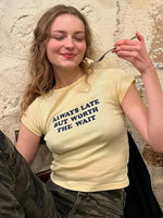 Woman Clothing Letter Print Short T-shirts Y2K Streetwear 2026 Summer O-neck Slim Fit Crop Tops Vacation Beach Tees Light Yellow