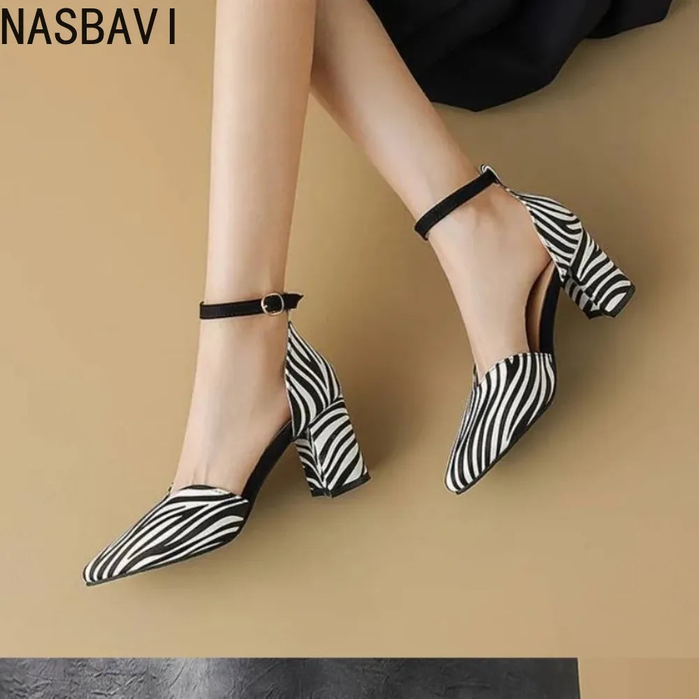 Zebra Leopard Animal Print Pointed Closed Toe Block High Heels Lady Mature Summer Shoes V-cut Designer Women Dress Pumps Sandals