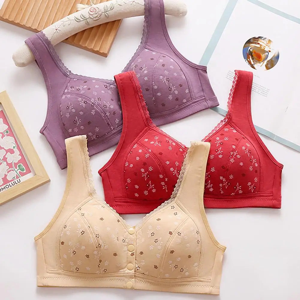 Mid-aged Women Bra Elastic Lace Shoulder Strap Front Button Closure Bra Printed Shockproof Push-up Wireless Mother Bra