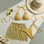 With Mesh Sarong Skirt Halter Bikini Women Swimwear Female Swimsuit Three-pieces Bikini Set Fishnet Bathing Suit Swim Beachwear