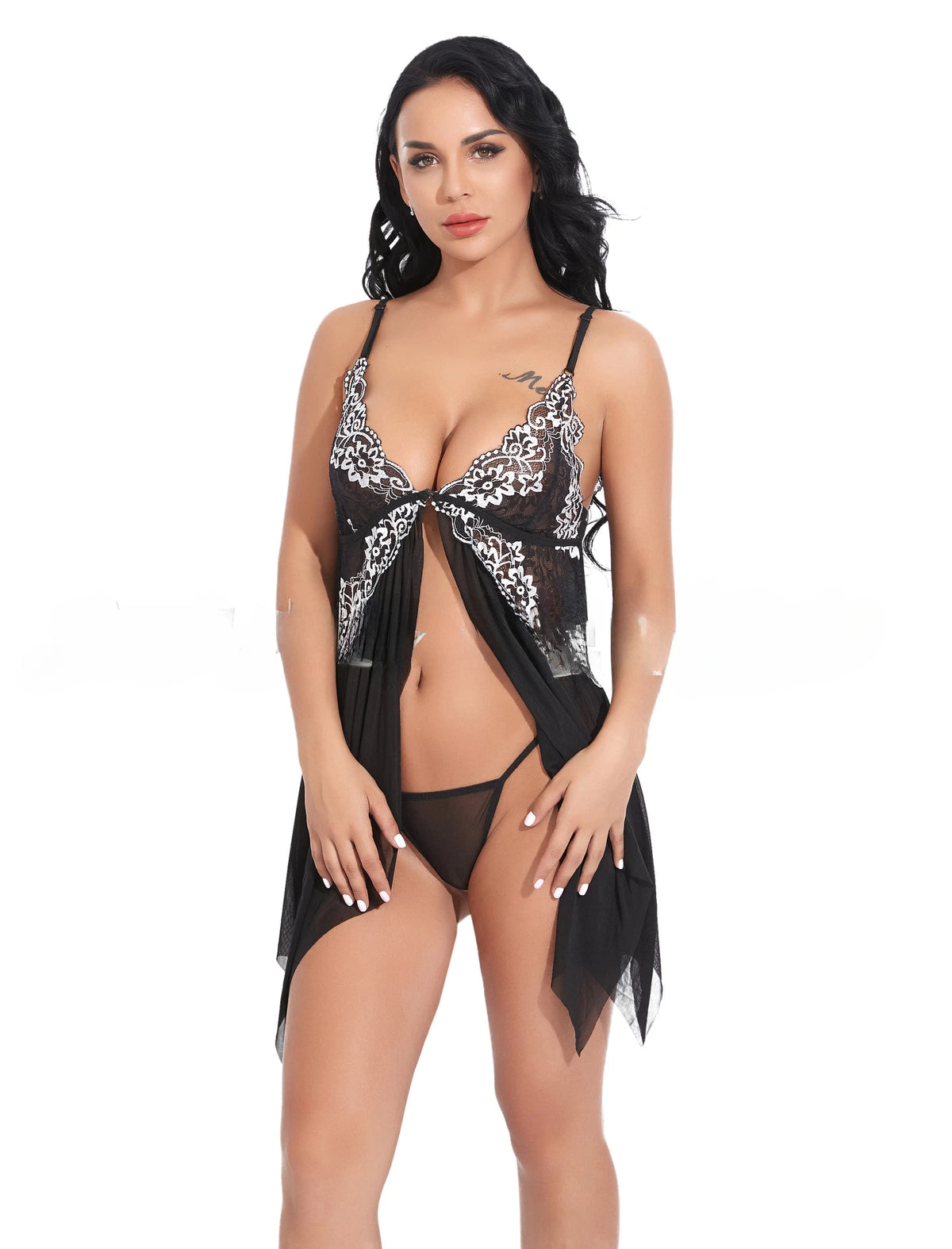 Toucheart Sexy Lingerie Set Women's Lace Nightgown Mesh See-through Suspender Dress Lace Patchwork Sexy Ultra Thin Pajama Set